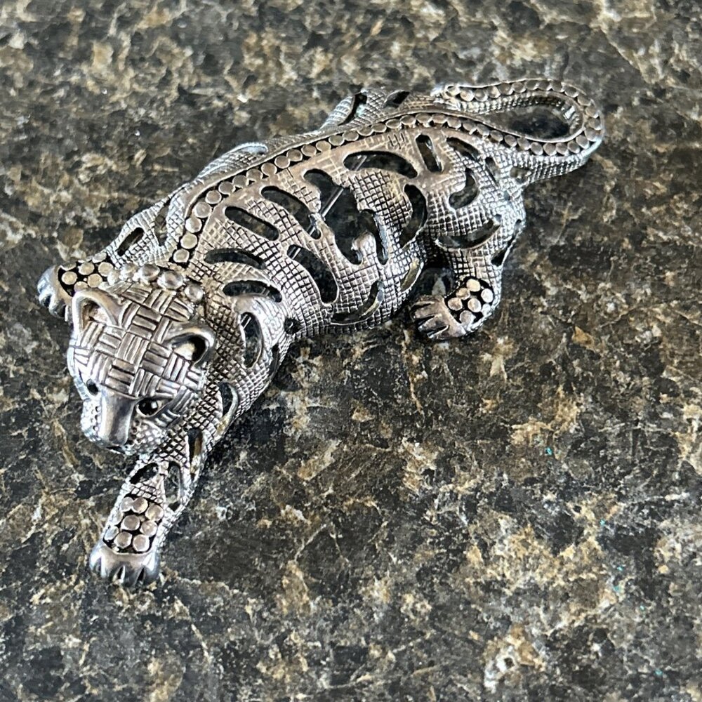 Vintage Openwork Brooch Tiger Black Rhinestones Eyes Eyelet Stripes Jungle